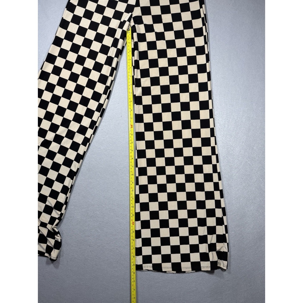 Y2K Crépas Women's Black & White Checkered Flare Pants Size S Moto Stretch Emo - Picture 8 of 8